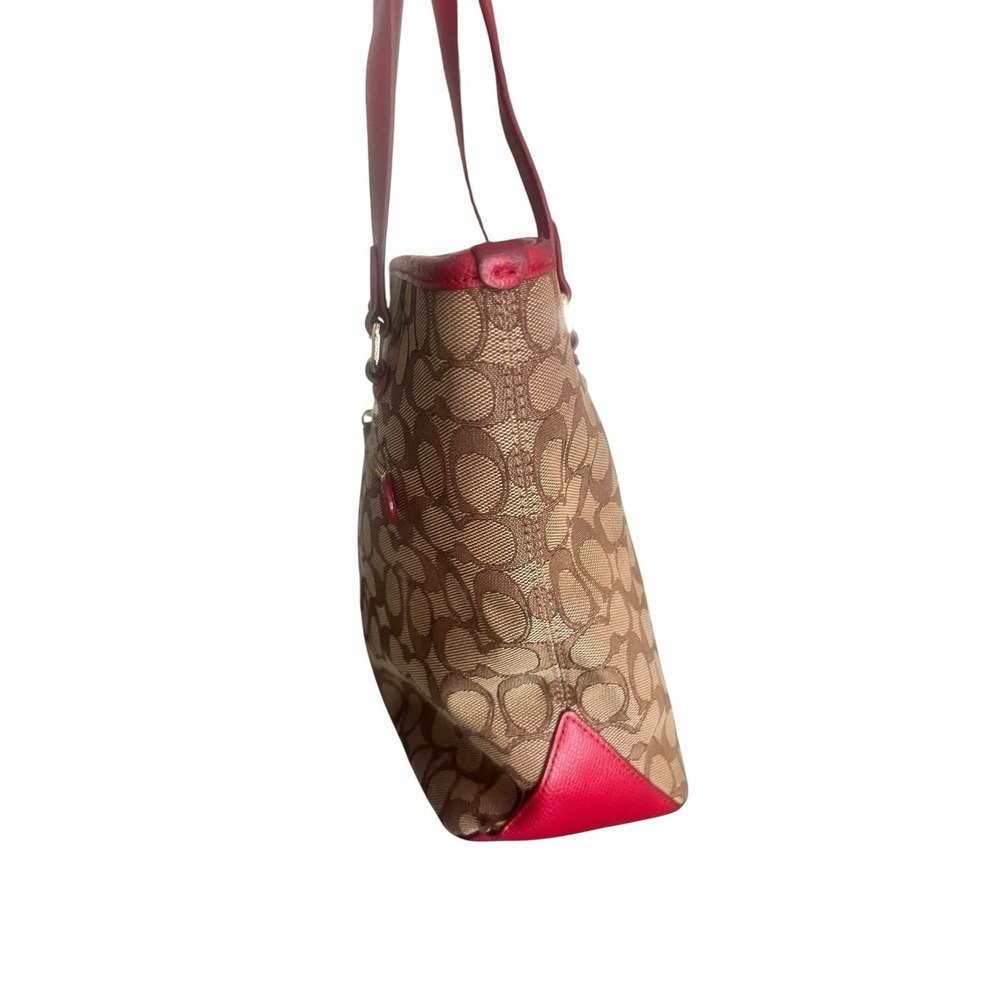 Coach Signature Coated Canvas and Red Leather Trim Purse Tote Gold Hardware - Picture 4 of 16